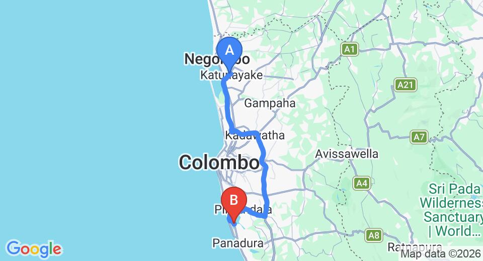Driving route map: Colombo Airport (CMB) to Ramadia Ran Mal Holiday Resort, Moratuwa (72 km, approx 1 h 27 min private transfer)