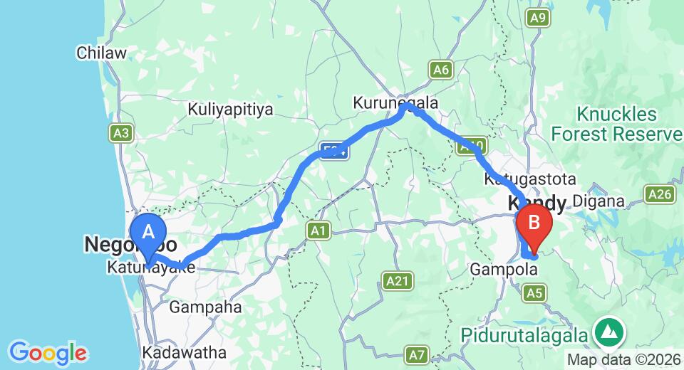 Driving route map: Colombo Airport (CMB) to Ellerton Bungalow, Gampola (126 km, approx 3 h 15 min private transfer)