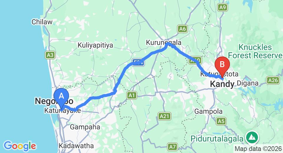 Driving route map: Colombo Airport (CMB) to The Rugby House, Kandy (111 km, approx 2 h 41 min private transfer)