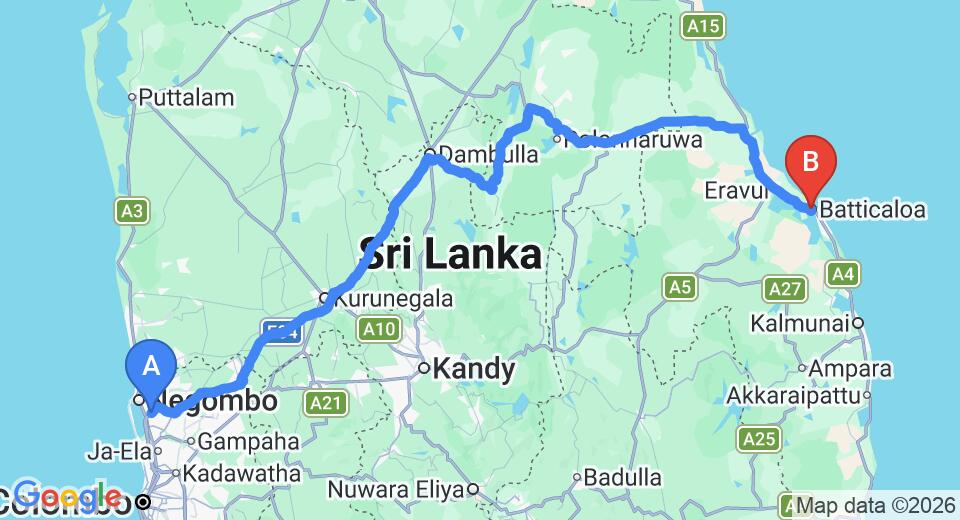 Driving route map: Colombo Airport (CMB) to Hotel Lloyds, Batticaloa (292 km, approx 6 h 3 min private transfer)