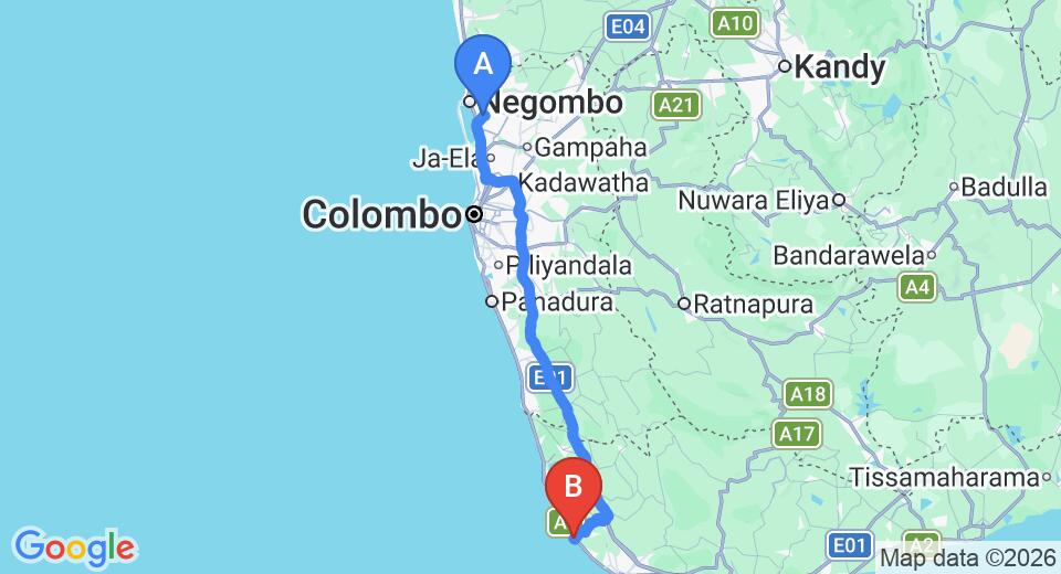 Driving route map: Colombo Airport (CMB) to International Beach Hotel and Restaurant, Hikkaduwa (144 km, approx 2 h 8 min private transfer)