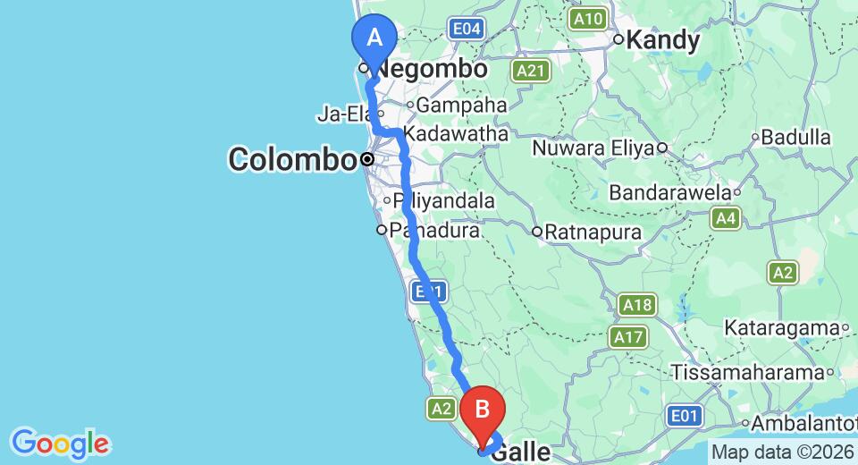 Driving route map: Colombo Airport (CMB) to Point De, Galle (152 km, approx 2 h 11 min private transfer)