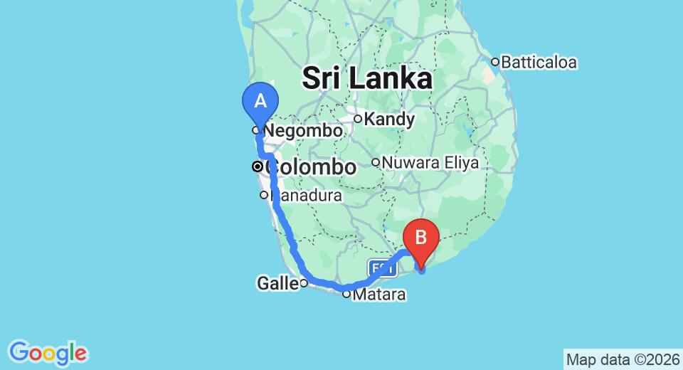 Driving route map: Colombo Airport (CMB) to Ocean Cottage Kalametiya by Everton Holidays, Hambantota (269 km, approx 3 h 27 min private transfer)
