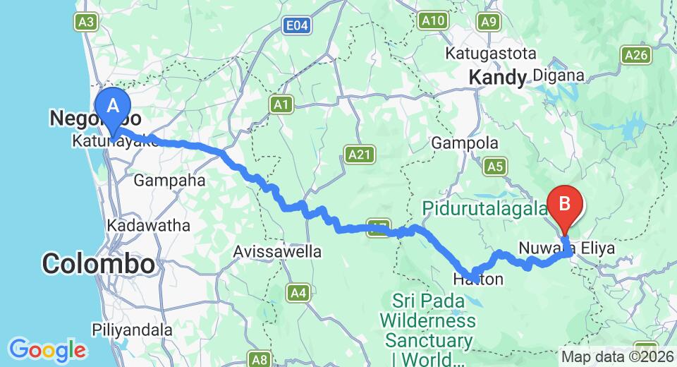 Driving route map: Colombo Airport (CMB) to Penninton, Nuwara Eliya (156 km, approx 4 h 50 min private transfer)