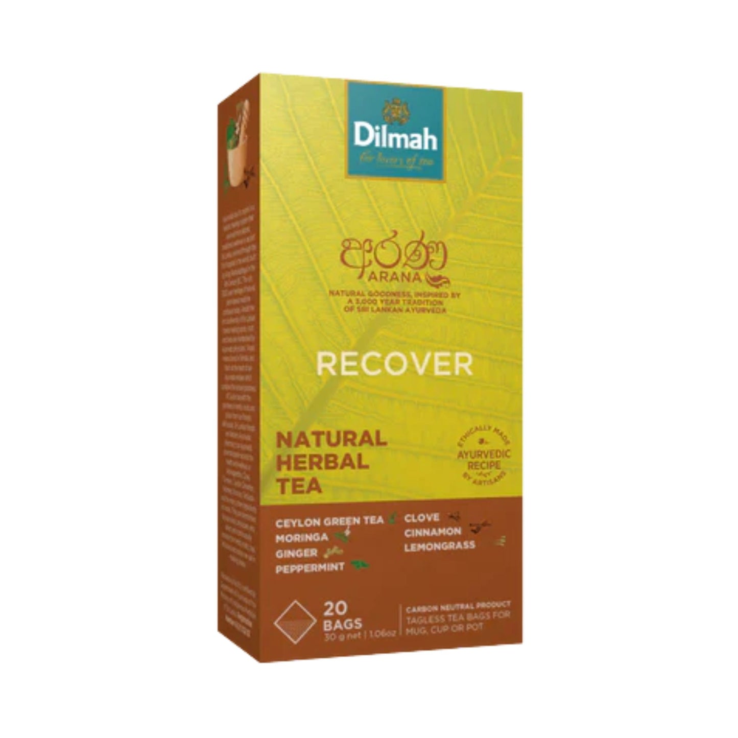 Tè verde naturale alle erbe Dilmah Arana Recover (20 bustine di tè senza etichetta)