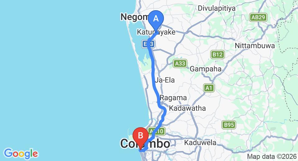 Driving route map: Colombo Airport (CMB) to Movenpick Hotel, Colombo (36 km, approx 49 min private transfer)