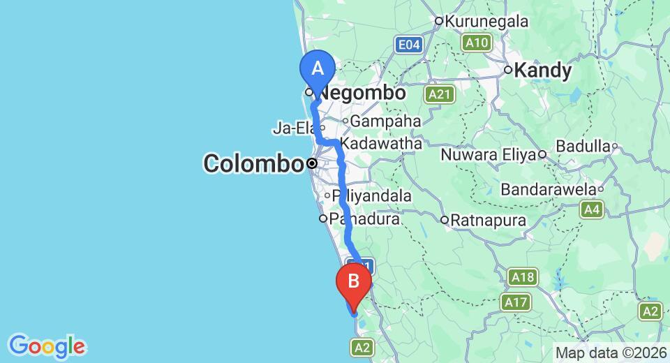 Driving route map: Colombo Airport (CMB) to Tamarind Hill by Asia Leisure, Galle (118 km, approx 1 h 55 min private transfer)