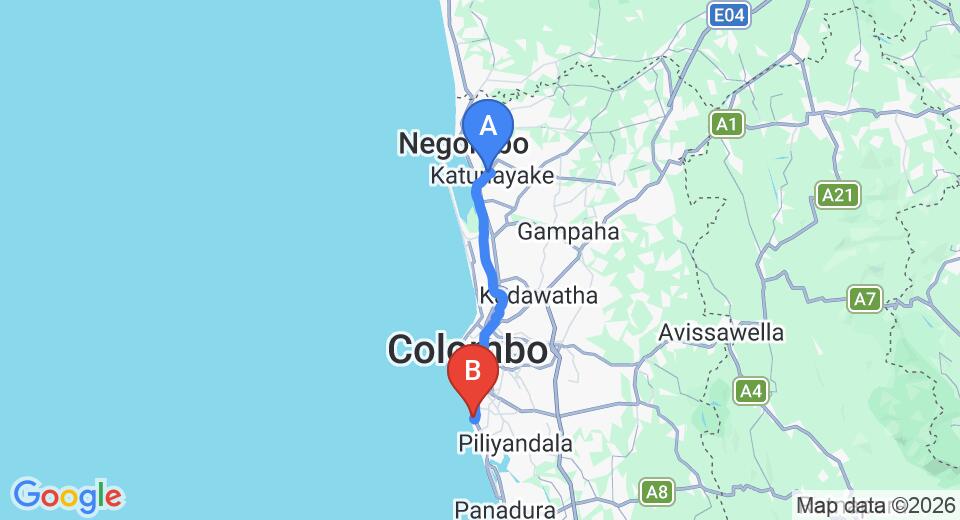 Driving route map: Colombo Airport (CMB) to Rivi Ras Hotel, Mount Lavinia (43 km, approx 1 h 10 min private transfer)