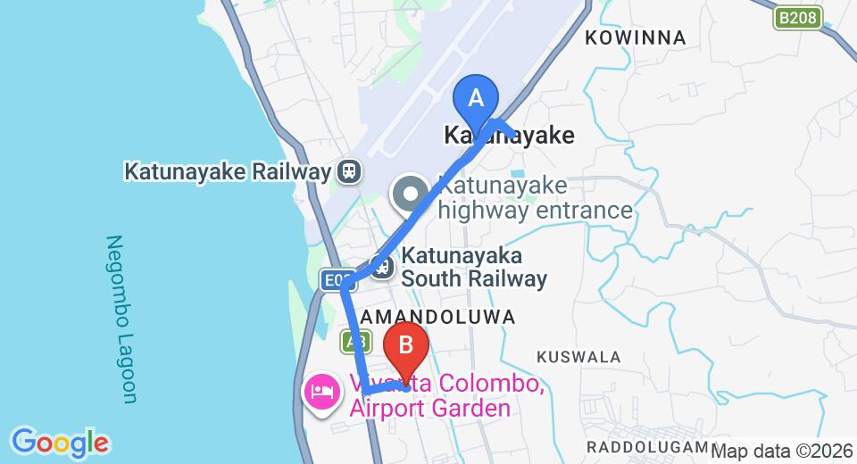 Driving route map: Colombo Airport (CMB) to Guest Ryan, Katunayake (5 km, approx 13 min private transfer)