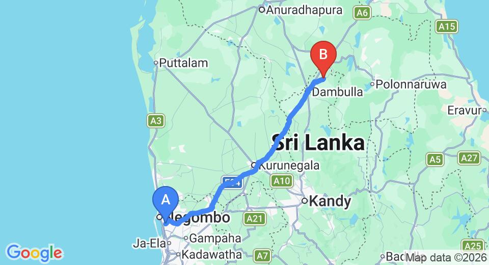 Driving route map: Colombo Airport (CMB) to Liyon Rest, Sigiriya (143 km, approx 3 h 6 min private transfer)