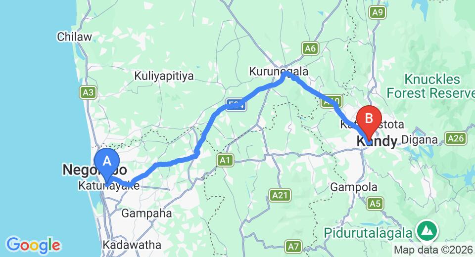 Driving route map: Colombo Airport (CMB) to Regent Lodge, Kandy (111 km, approx 2 h 44 min private transfer)