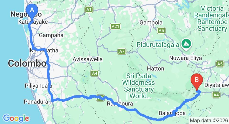 Driving route map: Colombo Airport (CMB) to Bambarakanda Eco Holiday Resort, Haputale (196 km, approx 4 h 42 min private transfer)