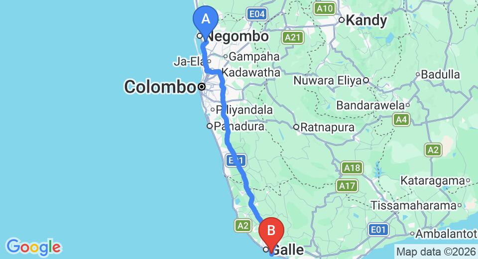 Driving route map: Colombo Airport (CMB) to Full Moon Beach Resort, Unawatuna (153 km, approx 2 h 9 min private transfer)