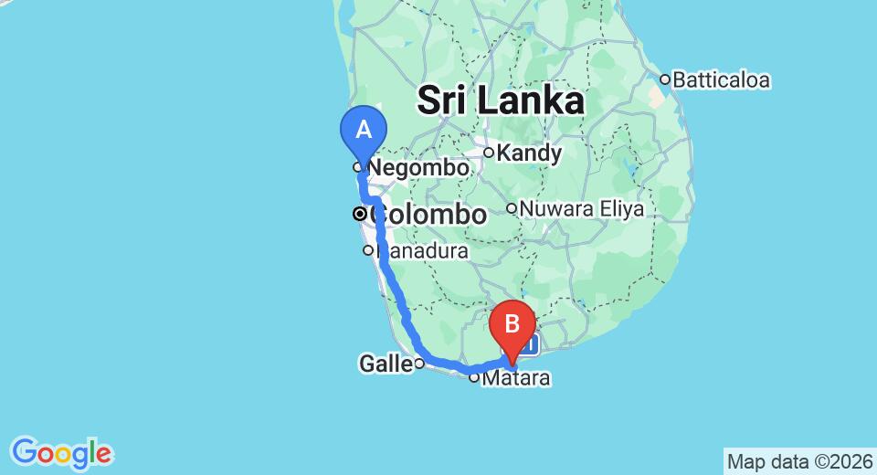 Driving route map: Colombo Airport (CMB) to Palm Paradise Cabanas and Villas Beach Resort, Tangalle (212 km, approx 2 h 54 min private transfer)