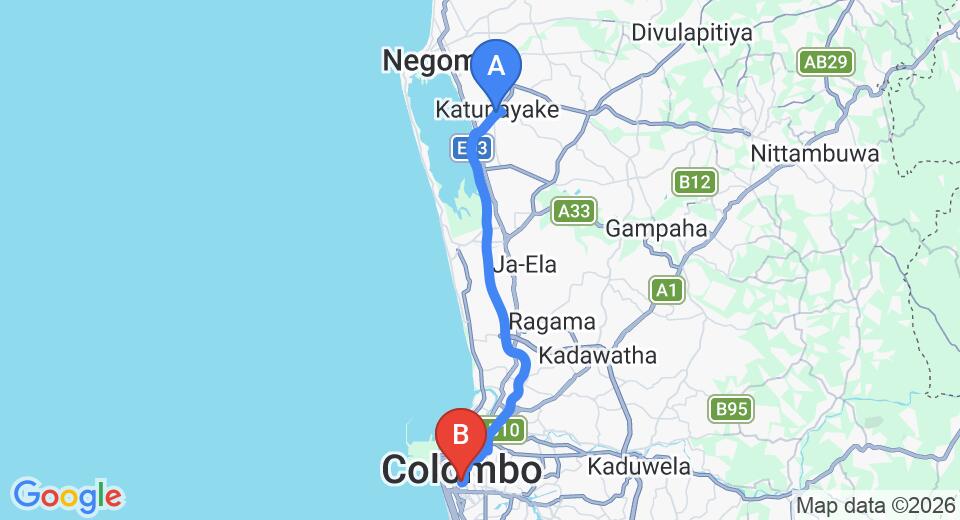Driving route map: Colombo Airport (CMB) to Unique Towers, Colombo (33 km, approx 42 min private transfer)