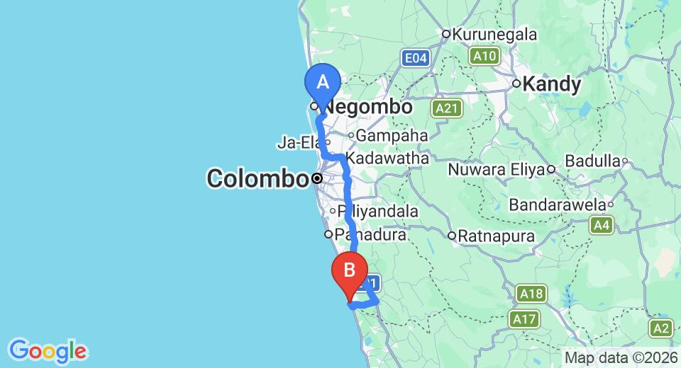 Driving route map: Colombo Airport (CMB) to Lanka Princess Hotel, Aluthgama (108 km, approx 1 h 42 min private transfer)