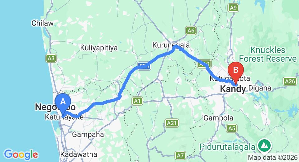 Driving route map: Colombo Airport (CMB) to Fern Leaf Holiday Inn, Kandy (114 km, approx 2 h 49 min private transfer)