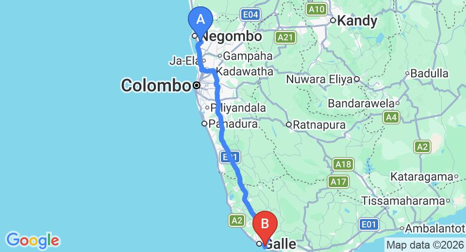 Driving route map: Colombo Airport (CMB) to Shanthi Guest House and Holiday Resort, Unawatuna (152 km, approx 2 h 6 min private transfer)
