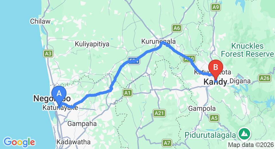 Driving route map: Colombo Airport (CMB) to Dumbara Peak Residence, Kandy (114 km, approx 2 h 50 min private transfer)