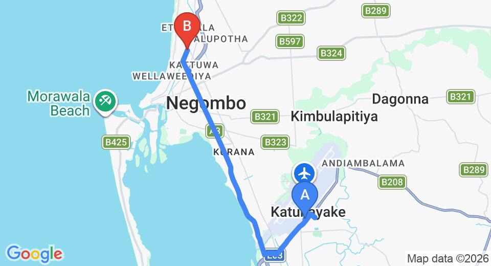 Driving route map: Colombo Airport (CMB) to Olanro, Negombo (11 km, approx 27 min private transfer)
