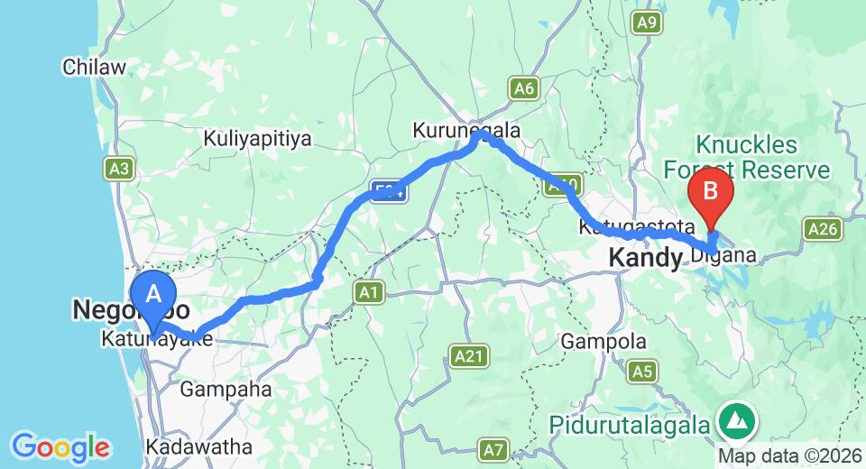 Driving route map: Colombo Airport (CMB) to Polwaththa Eco Lodges, Kandy (128 km, approx 3 h 18 min private transfer)