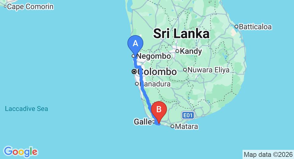 Driving route map: Colombo Airport (CMB) to Skye House, Habaraduwa (159 km, approx 2 h 17 min private transfer)
