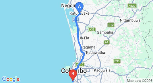 Driving route map: Colombo Airport (CMB) to My Holiday Ticket, Colombo (38 km, approx 55 min private transfer)