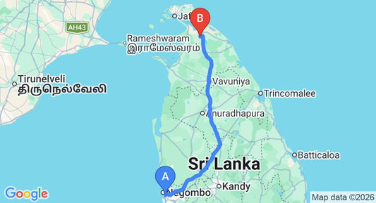 Driving route map: Colombo Airport (CMB) to Kilinochchi (314 km, approx 6 h 11 min private transfer)