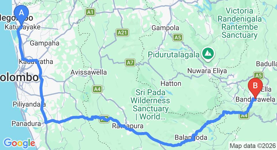Driving route map: Colombo Airport (CMB) to Holiday Bungalow Bandarawela, Bandarawela (220 km, approx 5 h 23 min private transfer)
