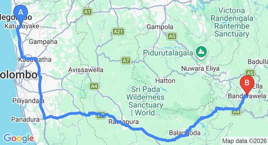 Driving route map: Colombo Airport (CMB) to Oban Cottage, Bandarawela (220 km, approx 5 h 23 min private transfer)
