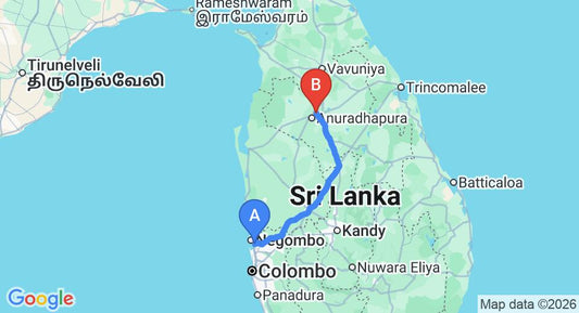 Driving route map: Colombo Airport (CMB) to Triangle Hotel, Anuradhapura (189 km, approx 3 h 54 min private transfer)
