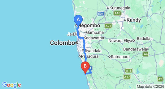Driving route map: Colombo Airport (CMB) to vila 80, Bentota (107 km, approx 1 h 38 min private transfer)