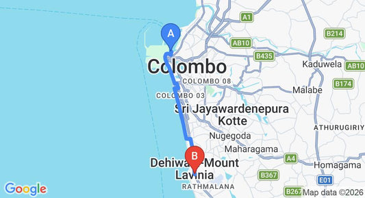 Driving route map: Colombo Seaport to Mount Lavinia (15 km, approx 35 min private transfer)