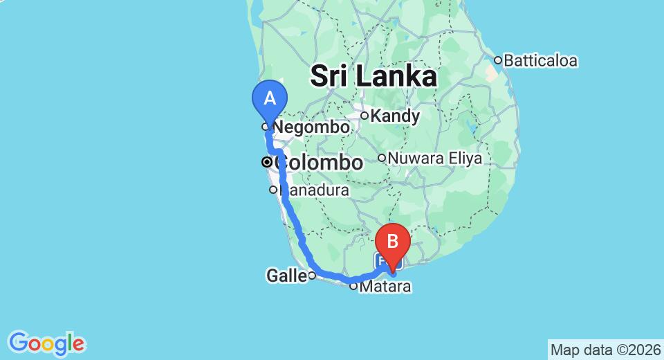 Driving route map: Colombo Airport (CMB) to Rekawa Beach House, Tangalle (222 km, approx 3 h 3 min private transfer)