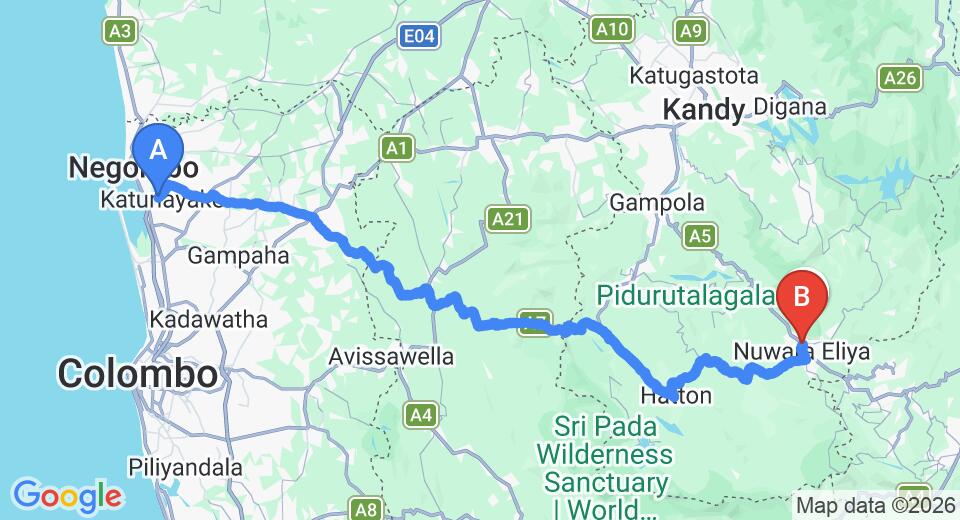 Driving route map: Colombo Airport (CMB) to The Trevene Holiday Bungalow, Nuwara Eliya (154 km, approx 4 h 45 min private transfer)