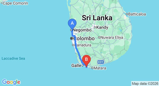 Driving route map: Colombo Airport (CMB) to Mosvold Villa, Ahangama (165 km, approx 2 h 20 min private transfer)