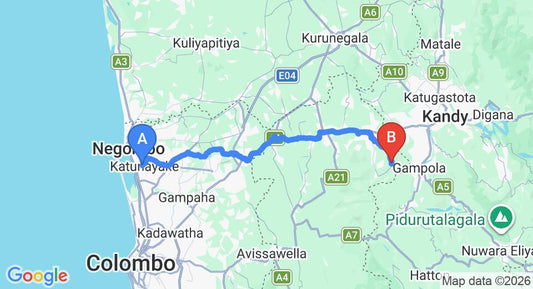 Driving route map: Colombo Airport (CMB) to Hemmathagama (92 km, approx 2 h 37 min private transfer)
