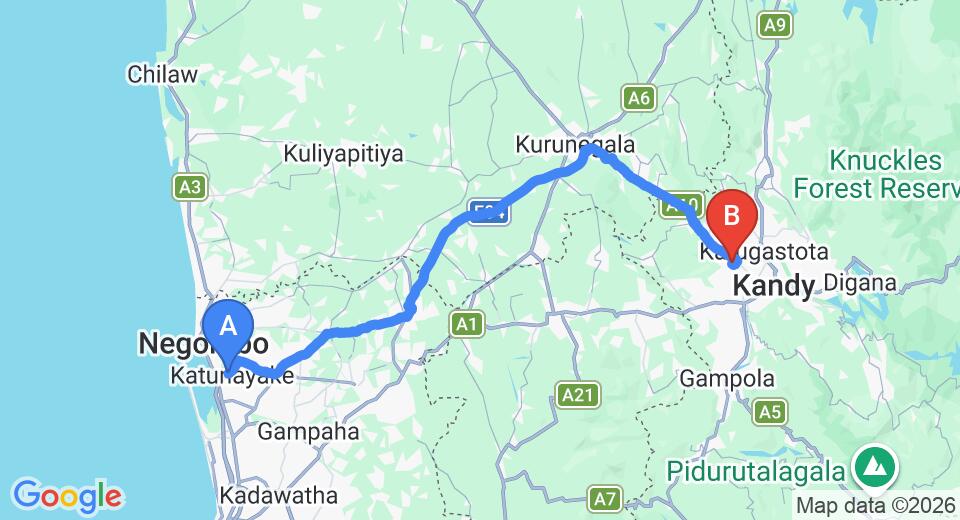 Driving route map: Colombo Airport (CMB) to Hotel Tree of Life, Kandy (106 km, approx 2 h 32 min private transfer)