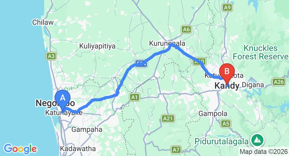 Driving route map: Colombo Airport (CMB) to Mangrove Villa, Kandy (114 km, approx 2 h 51 min private transfer)