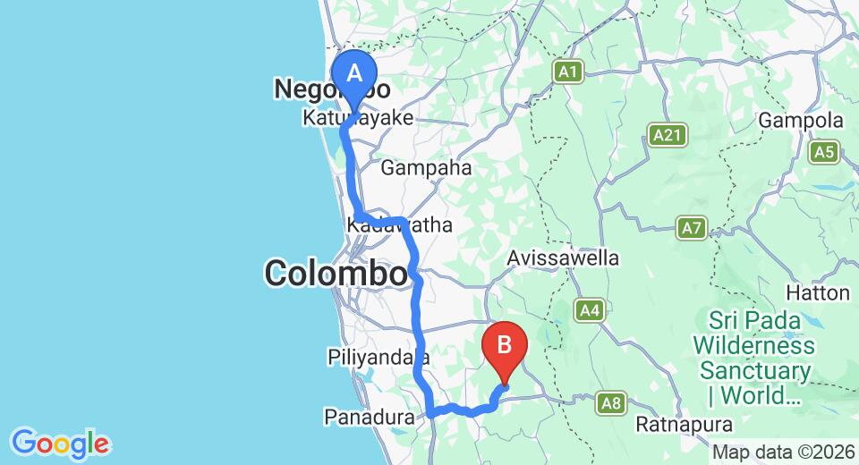 Driving route map: Colombo Airport (CMB) to Tranquilla Holiday Bungalow, Horana (80 km, approx 1 h 29 min private transfer)