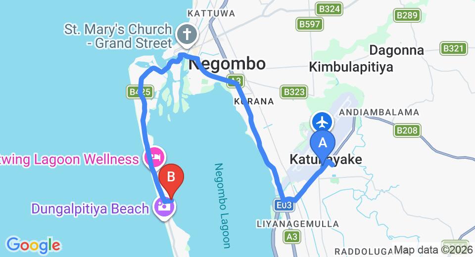 Driving route map: Colombo Airport (CMB) to Villa Hundira, Negombo (18 km, approx 38 min private transfer)