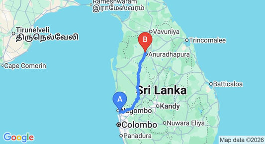 Driving route map: Colombo Airport (CMB) to Boa Vista Hotel, Anuradhapura (175 km, approx 3 h 46 min private transfer)