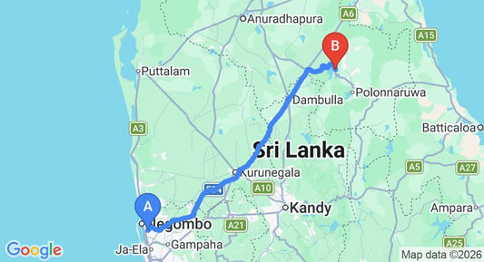 Driving route map: Colombo Airport (CMB) to Ran Hiru Family Bungalow, Minneriya (176 km, approx 3 h 42 min private transfer)