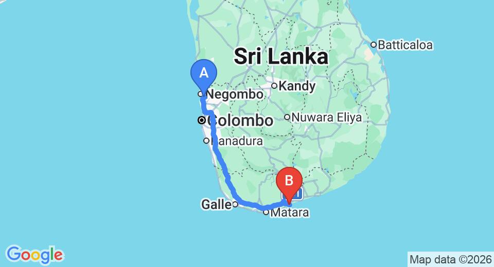 Driving route map: Colombo Airport (CMB) to The Colony, Tangalle (211 km, approx 2 h 50 min private transfer)
