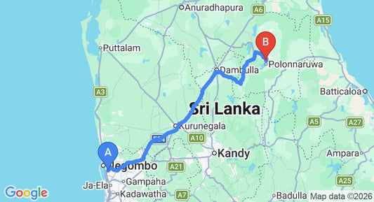 Driving route map: Colombo Airport (CMB) to Ekho Lake House Polonnaruwa, Polonnaruwa (196 km, approx 4 h 4 min private transfer)