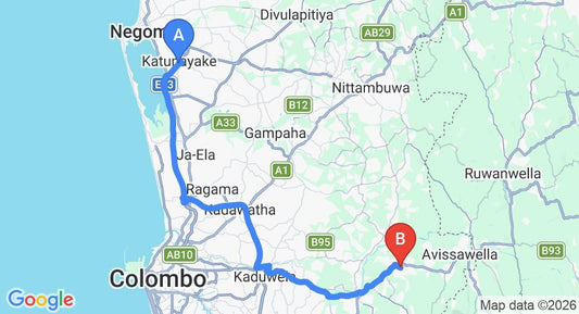 Driving route map: Colombo Airport (CMB) to Kosgama (60 km, approx 1 h 20 min private transfer)