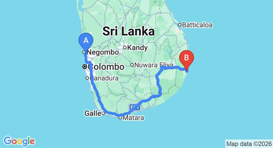 Driving route map: Colombo Airport (CMB) to Watermusic Beachhouse and Cabanas, Arugam Bay (419 km, approx 6 h 28 min private transfer)