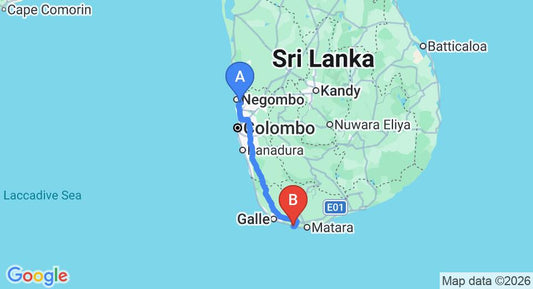 Driving route map: Colombo Airport (CMB) to Barberyn Beach Ayurveda Resort, Weligama (175 km, approx 2 h 30 min private transfer)