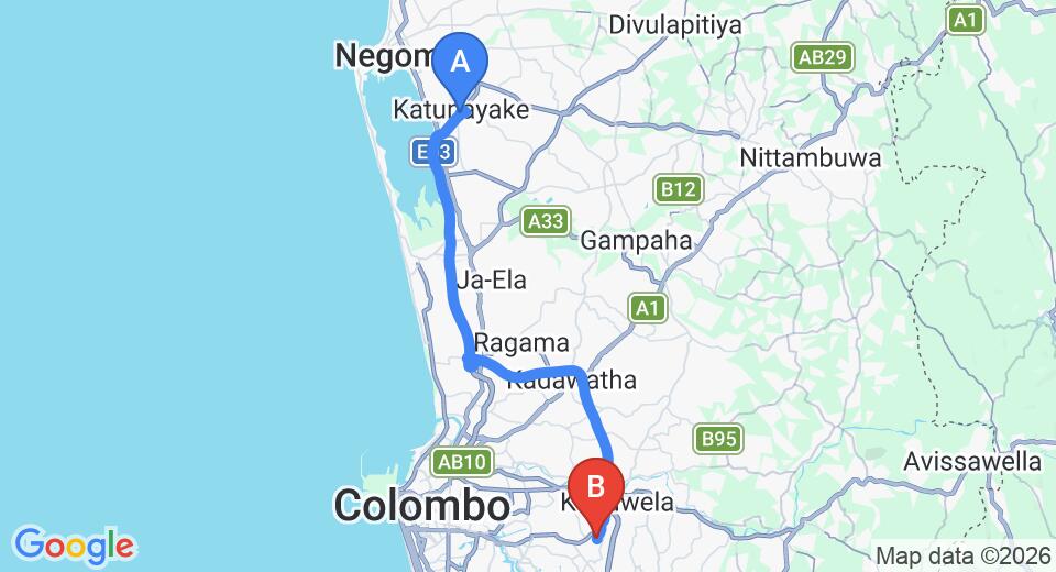 Driving route map: Colombo Airport (CMB) to Dhico Exports, Malabe (41 km, approx 49 min private transfer)
