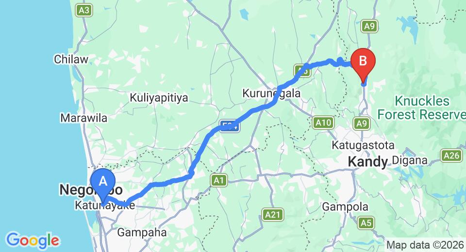 Driving route map: Colombo Airport (CMB) to Hotel Swiss Dale, Matale (119 km, approx 2 h 43 min private transfer)